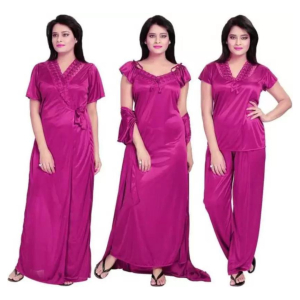 Silk Bridal Nightgown Set Stylish Fancy Bridal Nighty Set For Women Free Size Magenta Color