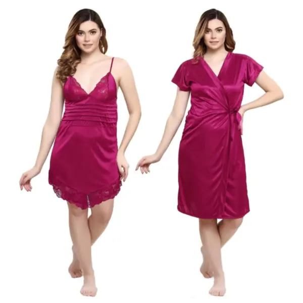 Silk Bridal Nightgown Set Stylish Fancy Bridal Nighty Set For Women Free Size Magenta Color