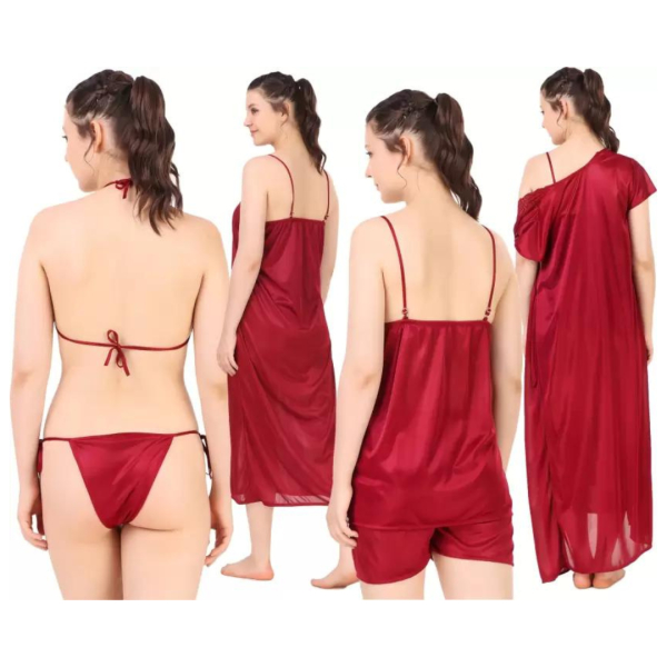 Silk Bridal Nightgown Set Stylish Fancy Bridal Nighty Set For Women Free Size Maroon Color - Image 2