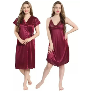 Silk Bridal Nightgown Set Stylish Fancy Bridal Nighty Set For Women Free Size Maroon Color