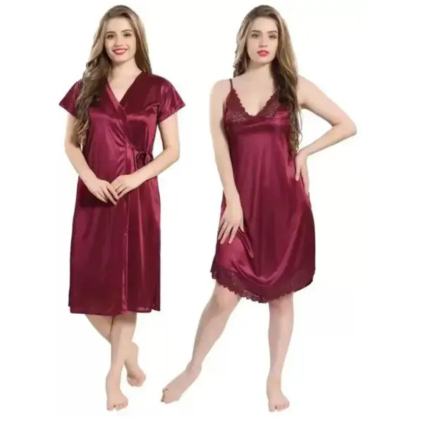 Silk Bridal Nightgown Set Stylish Fancy Bridal Nighty Set For Women Free Size Maroon Color