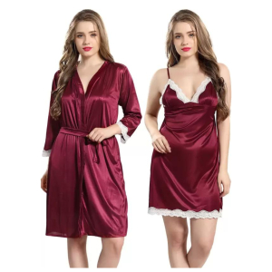 Silk Bridal Nightgown Set Stylish Fancy Bridal Nighty Set For Women Free Size Maroon Color