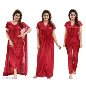 Silk Bridal Nightgown Set Stylish Fancy Bridal Nighty Set For Women Free Size Maroon Color