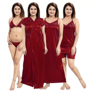 Silk Bridal Nightgown Set Stylish Fancy Bridal Nighty Set For Women Free Size Maroon Color