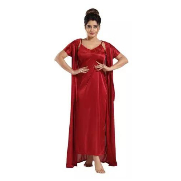 Silk Bridal Nightgown Set Stylish Fancy Bridal Nighty Set For Women Free Size Maroon Color - Image 3
