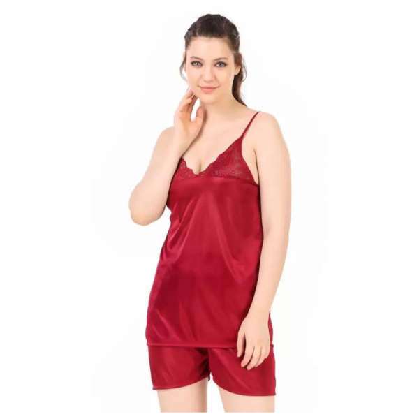 Silk Bridal Nightgown Set Stylish Fancy Bridal Nighty Set For Women Free Size Maroon Color - Image 3