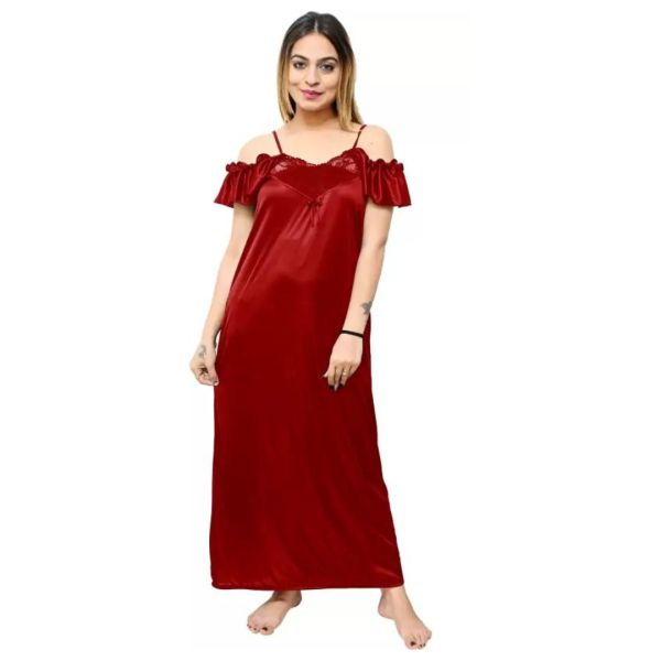 Silk Bridal Nightgown Set Stylish Fancy Bridal Nighty Set For Women Free Size Maroon Color - Image 3