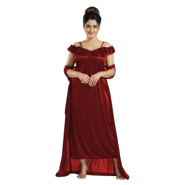Silk Bridal Nightgown Set Stylish Fancy Bridal Nighty Set For Women Free Size Maroon Color - Image 3