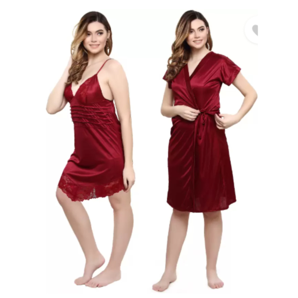 Silk Bridal Nightgown Set Stylish Fancy Bridal Nighty Set For Women Free Size Maroon Color - Image 3