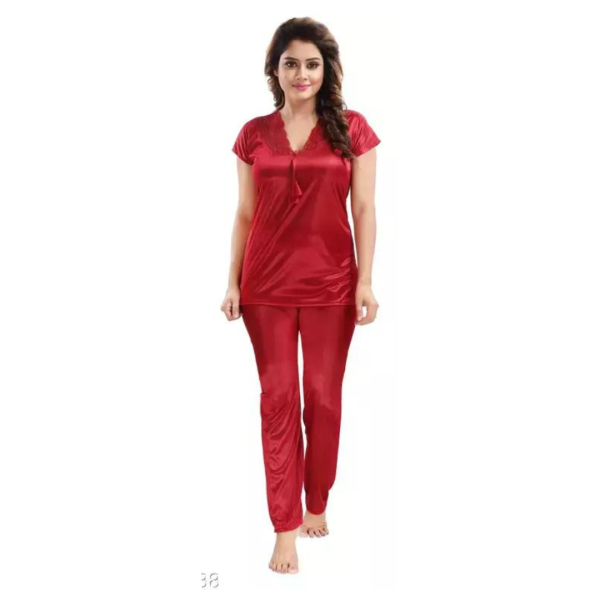 Silk Bridal Nightgown Set Stylish Fancy Bridal Nighty Set For Women Free Size Maroon Color - Image 3