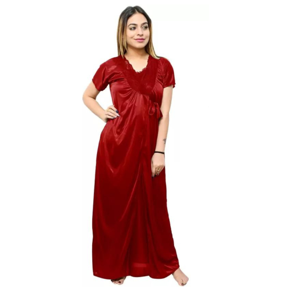 Silk Bridal Nightgown Set Stylish Fancy Bridal Nighty Set For Women Free Size Maroon Color - Image 4