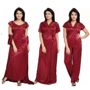 Silk Bridal Nightgown Set Stylish Fancy Bridal Nighty Set For Women Free Size Maroon Color