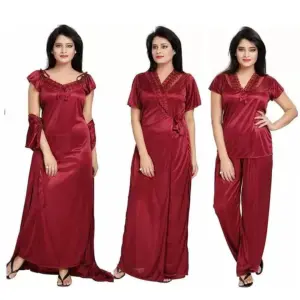 Silk Bridal Nightgown Set Stylish Fancy Bridal Nighty Set For Women Free Size Maroon Color