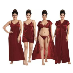 Silk Bridal Nightgown Set Stylish Fancy Bridal Nighty Set For Women Free Size Maroon Color
