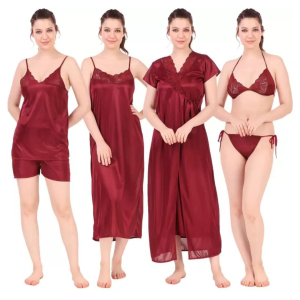 Silk Bridal Nightgown Set Stylish Fancy Bridal Nighty Set For Women Free Size Maroon Color