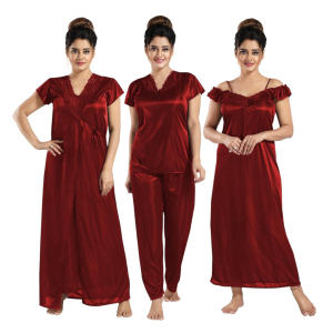 Silk Bridal Nightgown Set Stylish Fancy Bridal Nighty Set For Women Free Size Maroon Color