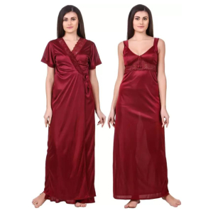 Silk Bridal Nightgown Set Stylish Fancy Bridal Nighty Set For Women Free Size Maroon Color