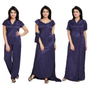 Silk Bridal Nightgown Set Stylish Fancy Bridal Nighty Set For Women Free Size Navy Blue Color
