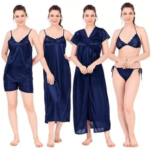 Silk Bridal Nightgown Set Stylish Fancy Bridal Nighty Set For Women Free Size Navy BlueColor