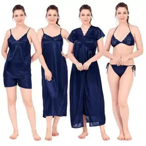Silk Bridal Nightgown Set Stylish Fancy Bridal Nighty Set For Women Free Size Navy BlueColor