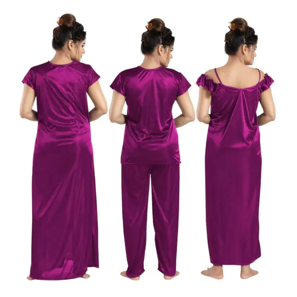 Silk Bridal Nightgown Set Stylish Fancy Bridal Nighty Set For Women Free Size Purple Color - Image 2