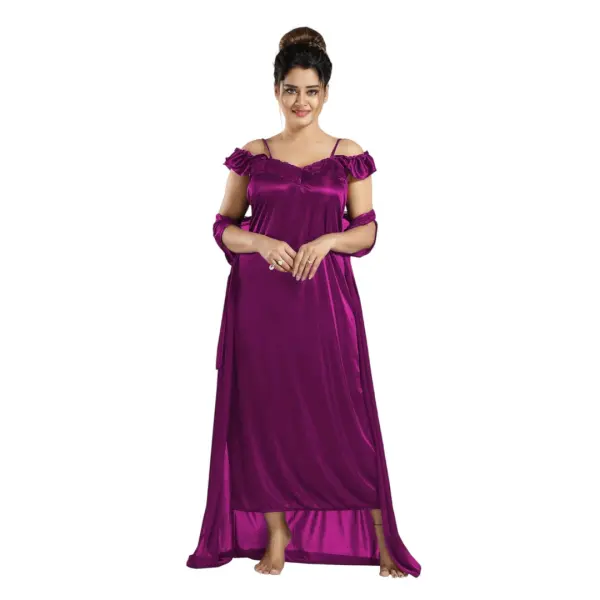 Silk Bridal Nightgown Set Stylish Fancy Bridal Nighty Set For Women Free Size Purple Color - Image 3