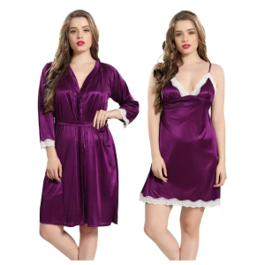 Silk Bridal Nightgown Set Stylish Fancy Bridal Nighty Set For Women Free Size Purple Color