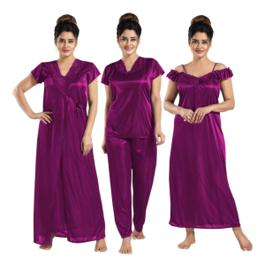 Silk Bridal Nightgown Set Stylish Fancy Bridal Nighty Set For Women Free Size Purple Color