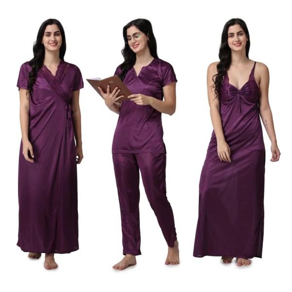Silk Bridal Nightgown Set Stylish Fancy Bridal Nighty Set For Women Free Size Purple Color