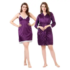 Silk Bridal Nightgown Set Stylish Fancy Bridal Nighty Set For Women Free Size Purple Color