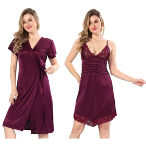 Silk Bridal Nightgown Set Stylish Fancy Bridal Nighty Set For Women Free Size Purple Color