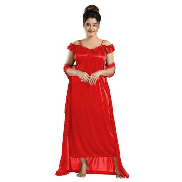 Silk Bridal Nightgown Set Stylish Fancy Bridal Nighty Set For Women Free Size Red Color - Image 3
