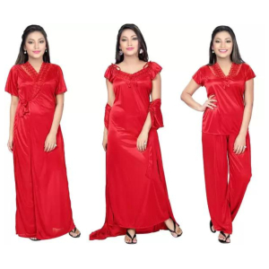 Silk Bridal Nightgown Set Stylish Fancy Bridal Nighty Set For Women Free Size Red Color