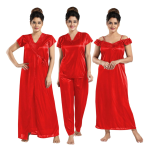 Silk Bridal Nightgown Set Stylish Fancy Bridal Nighty Set For Women Free Size Red Color