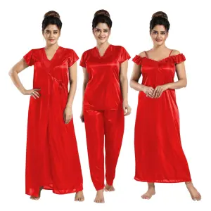 Silk Bridal Nightgown Set Stylish Fancy Bridal Nighty Set For Women Free Size Red Color