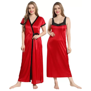 Silk Bridal Nightgown Set Stylish Fancy Bridal Nighty Set For Women Free Size Red Color