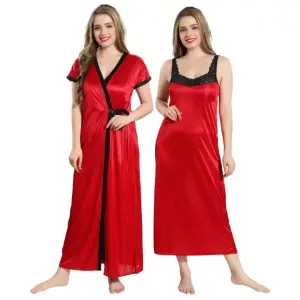 Silk Bridal Nightgown Set Stylish Fancy Bridal Nighty Set For Women Free Size Red Color