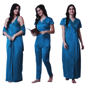 Silk Bridal Nightgown Set Stylish Fancy Bridal Nighty Set For Women Free Size Sky Blue Color