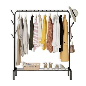 Single Rod Cloth Rack And Clothes Hanger Stand With Side Hooks And Bottom Shelves (Requires Self Assembly) - Clothes Hangers