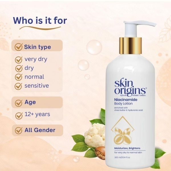 Skin Origins Niacinamide Body Lotion with Shea Butter and Hyaluronic Acid | Deep Hydration | Very Dry to Normal Skin | 300ml | Body lotion 300 ml by Genuine Collections - Image 4