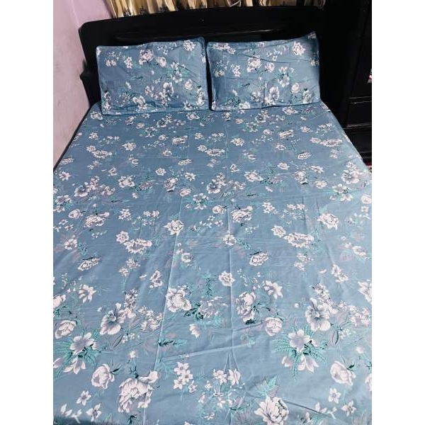 Sky Blue Flower Printed Korean King Size Bedsheet With Two Pillow Covers - Image 2