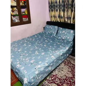 Sky Blue Flower Printed Korean King Size Bedsheet With Two Pillow Covers