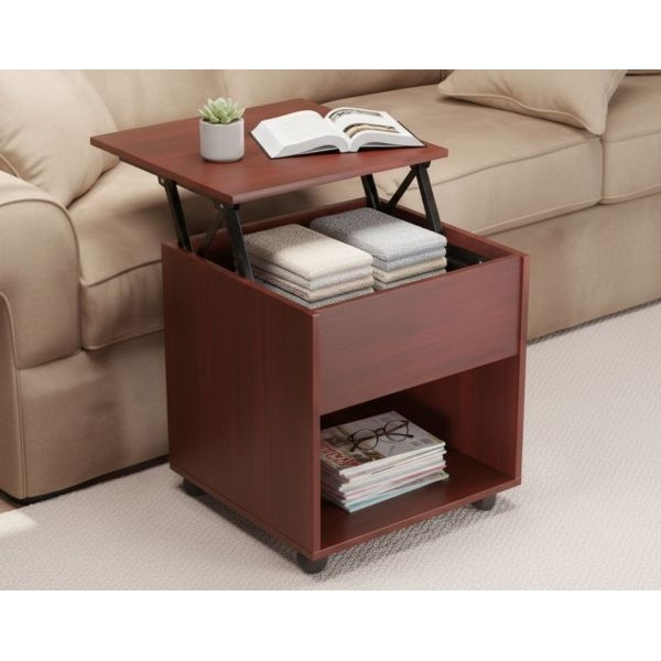 Small Liftop Table For Tea Coffee And Laptop Stand Sofa Side Table with Lift Feature and Storage Portable With Wheels Smart Furniture in Brown - Image 3