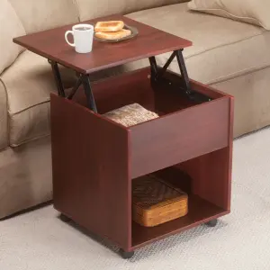 Small Liftop Table For Tea Coffee And Laptop Stand Sofa Side Table with Lift Feature and Storage Portable With Wheels Smart Furniture in Brown
