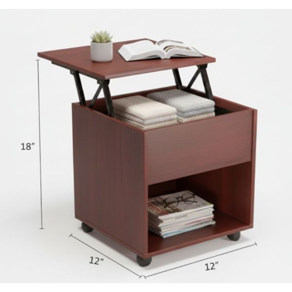 Small Liftop Table For Tea Coffee And Laptop Stand Sofa Side Table with Lift Feature and Storage Portable With Wheels Smart Furniture in Brown - Image 5