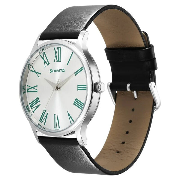 Sonata Aspire Quartz Analog Silver Dial Leather Strap Watch for Men 77105SL12 - Image 3