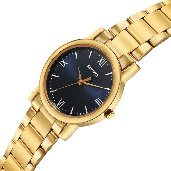 Sonata Classic Quartz Analog Blue Dial Golden Stainless Steel Strap Watch for Men - Image 2