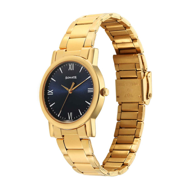 Sonata Classic Quartz Analog Blue Dial Golden Stainless Steel Strap Watch for Men - Image 3