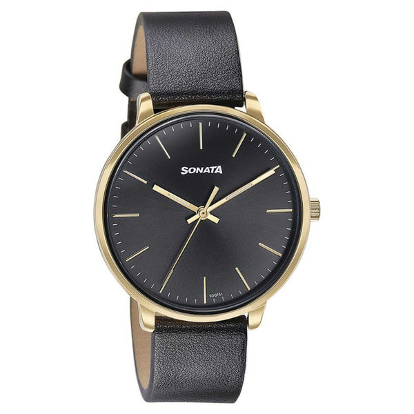 Sonata Quartz Analog Black Dial Black Leather Strap Watch For Women 87069YL01 - Image 2