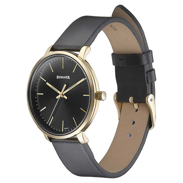 Sonata Quartz Analog Black Dial Black Leather Strap Watch For Women 87069YL01 - Image 3
